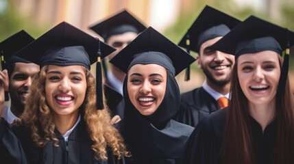 Obraz premium Capturing the Vibrant Spirit of Graduation: Diverse Students Celebrating Academic Achievement and Positive University Experiences with Joy and Pride
