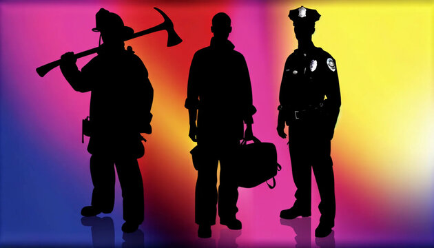 The silhouettes of first responders including a firefighter, medic, police officer against a vibrant colorful rainbow wallpaper background