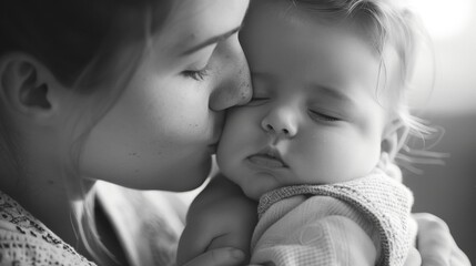A baby with soft wispy hair being cradled in their mothers arms with a look of pure trust on their face as she kisses their forehead.