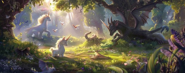 Three small dragons are sitting in a forest