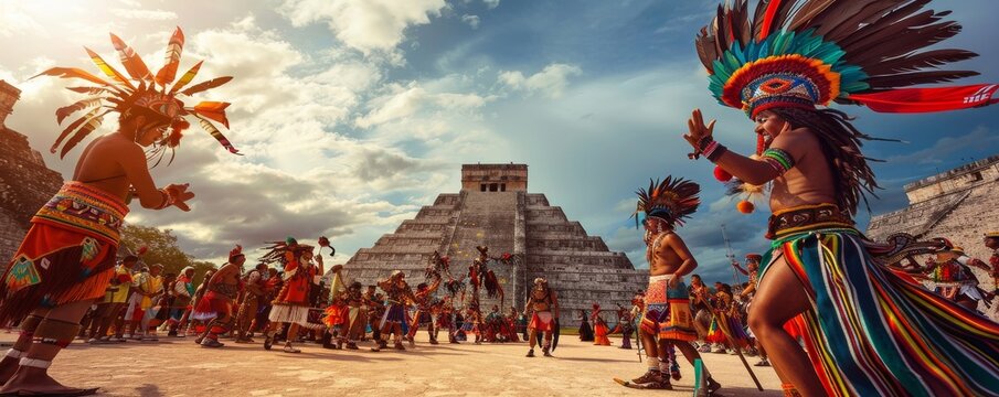 A large group of people are dancing in front of a pyramid