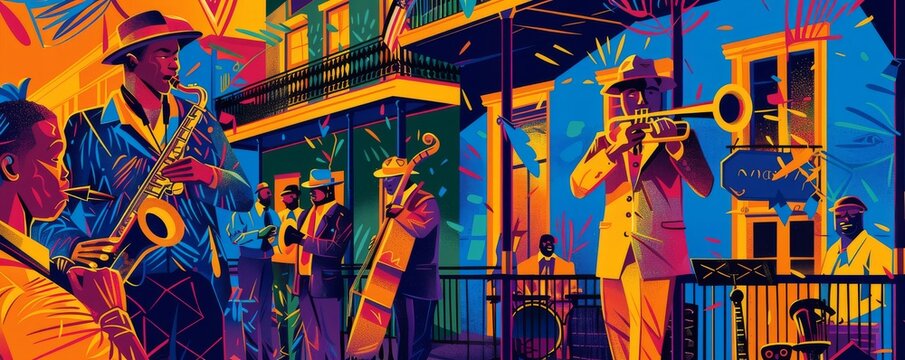 A painting of a group of musicians playing jazz instruments