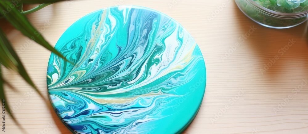 Poster there is a blue and green marbled object resting on a flat surface like a desk or table