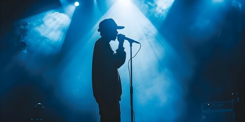 Silhouette of rap singer performing on stage with blue background at a concert in a nightclub....