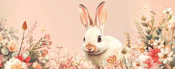 Obraz premium A rabbit is sitting in a field of pink flowers