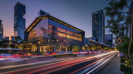 Fototapeta na wymiar Light trails streak across the backdrop of a modern building, creating a dynamic and vibrant urban scene.