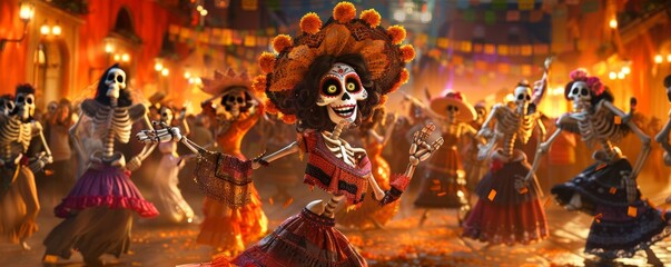 A group of skeletons are dancing in a room with a festive atmosphere - obrazy, fototapety, plakaty