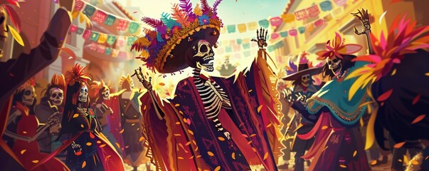 A group of skeletons are dancing in a room with a festive atmosphere - obrazy, fototapety, plakaty