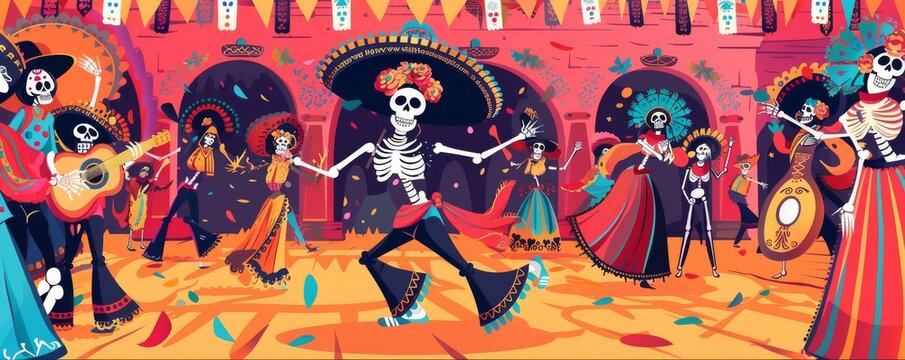 A group of skeletons are dancing in a room with a festive atmosphere