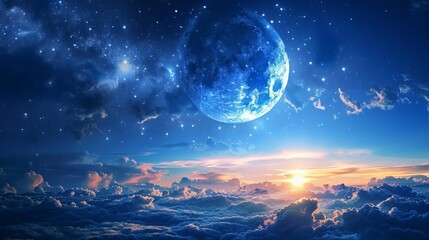 
A beautiful background features a new moon shining in a dark blue sky adorned with stars, while glowing sunset clouds add a touch of warmth and color. 