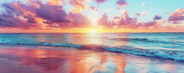 A beautiful sunset over the ocean with the sun reflecting on the water