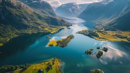 Aerial photography captures the stunning natural landscape of Norway, showcasing the beauty of Lovatnet Lake from a breathtaking perspective - obrazy, fototapety, plakaty