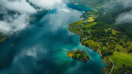 Fototapeta na wymiar Aerial photography captures the stunning natural landscape of Norway, showcasing the beauty of Lovatnet Lake from a breathtaking perspective