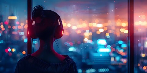 Anime girl in headphones stands in a room with city lights in the background listening to lofi hip hop music. Concept Anime, City Lights, Lofi Hip Hop, Headphones, Room - obrazy, fototapety, plakaty