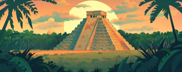 A painting of a pyramid in a jungle with a sunset in the background - obrazy, fototapety, plakaty