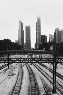 black and white image of chicago tracks