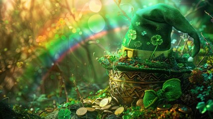 Illustrative Fantasy Art of St. Patrick's Day - Leprechaun with a pot of gold under a rainbow, surrounded by Irish symbols and Celtic knots, perfect for St. Patrick's Day celebrati