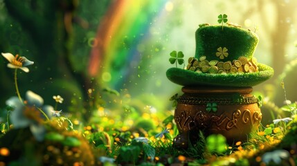 Leprechaun hat and pot with clover in enchanted forest scenery celebrate St. Patrick's Day. Mythical Irish folklore and tradition with magical woodland background. - obrazy, fototapety, plakaty