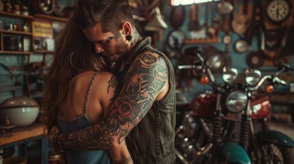 Fototapeta na wymiar Intricate tattoo designs on a rebellious couple surrounded by motorcycle gear.