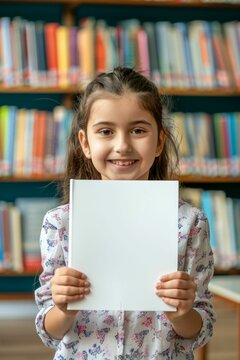 Cheerful Girl Presenting Blank Book in Library. Generative ai