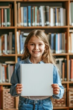 Cheerful Girl Presenting Blank Book in Library. Generative ai