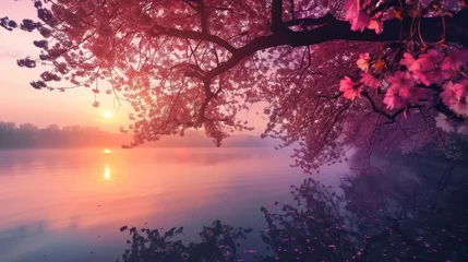 Fototapeten Serene landscape, trees with hanging cherry blossom leaves, tranquil dawn light © Wavezaa