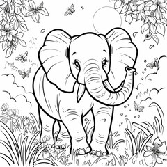 Elephant, Black and white kids coloring page, generative ai