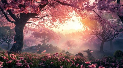 In the tranquil light of dawn, a serene landscape unfolds, where trees adorned with hanging cherry blossom leaves evoke a sense of peace and calm
