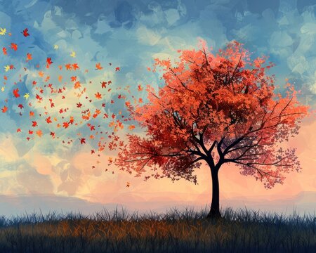 Illustration of a lone tree, leaves in autumn hues hanging low, peaceful twilight