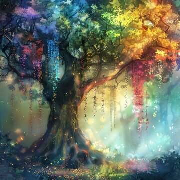 Enchanting tree with rainbow leaves against dreamy backdrop
