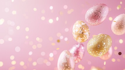 Luxurious gold and subtle pink Easter eggs gleaming against a soothing pink background, presenting a delicate and imaginative layout for celebratory messages.
