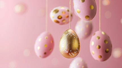 Creative and minimalist Easter design with golden and blush eggs floating against a gentle pink backdrop, ideal for conveying warm wishes.