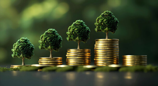 Stacks Of Gold Coins Lined Up In A Row On The Coin There Is A Small Tree. Business Financial Growth Concept