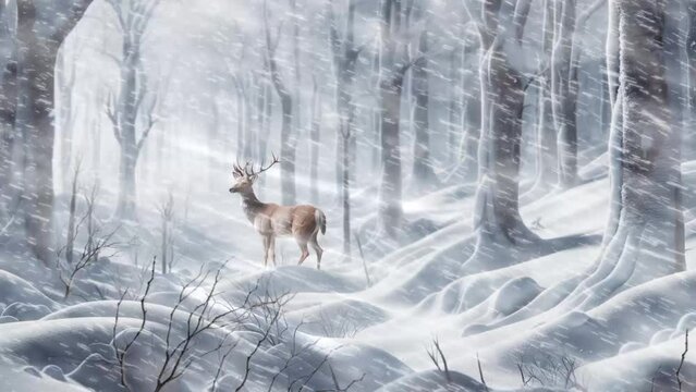 吹雪と野生の鹿