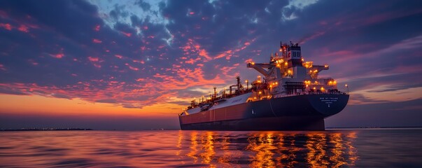 LNG-Terminal, Schiff zum Transport von Flüssiggas im Sonnenuntergang - obrazy, fototapety, plakaty