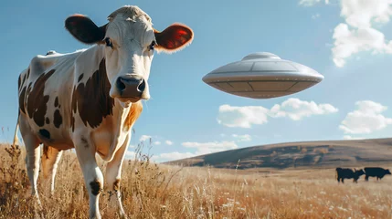 Gordijnen UFO Abducting a Cow Wallpaper © Nurple Art