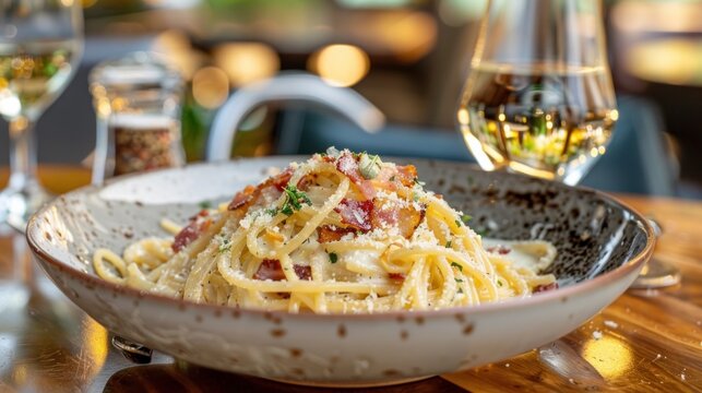 This is a fancy and delicious carbonara pasta dish made with high-quality organic bacon, eggs, heavy