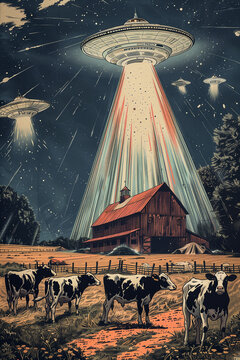 UFO Abducting Cows Poster, Vintage Poster