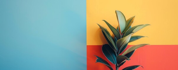 A green plant is sitting on a red and blue wall