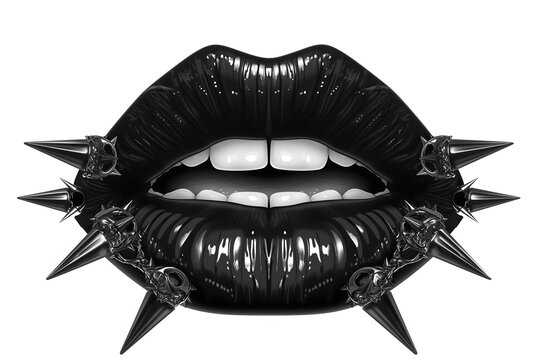 Weibliche Lippen mit schwarzem Lippenstift und Spikes, Konzept Horror, Punk, Metal