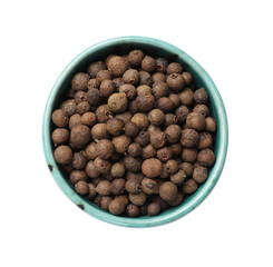Dry allspice berries (Jamaica pepper) in bowl isolated on white, top view