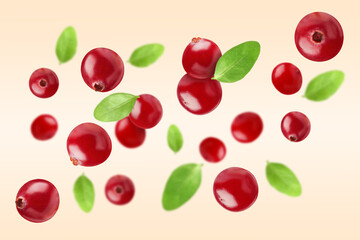 Fresh red cranberries and green leaves falling on beige background