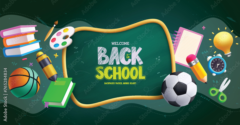 Poster back to school text vector template. welcome back to school greeting text in chalkboard space for ty