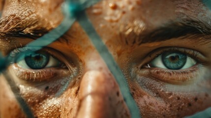 A closeup of a goalkeepers eyes conveying the trust and unity they share with their fellow defenders.