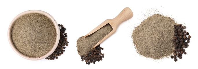Aromatic spices. Black peppercorns and ground pepper on white background, top view