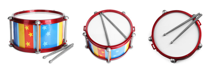 Bright toy drum and sticks on white background, top and side views