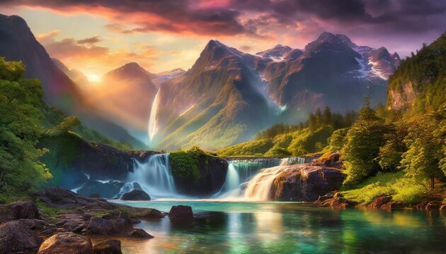 A high-tech image of a beautiful and colorful landscape featuring mountains and a waterfall.