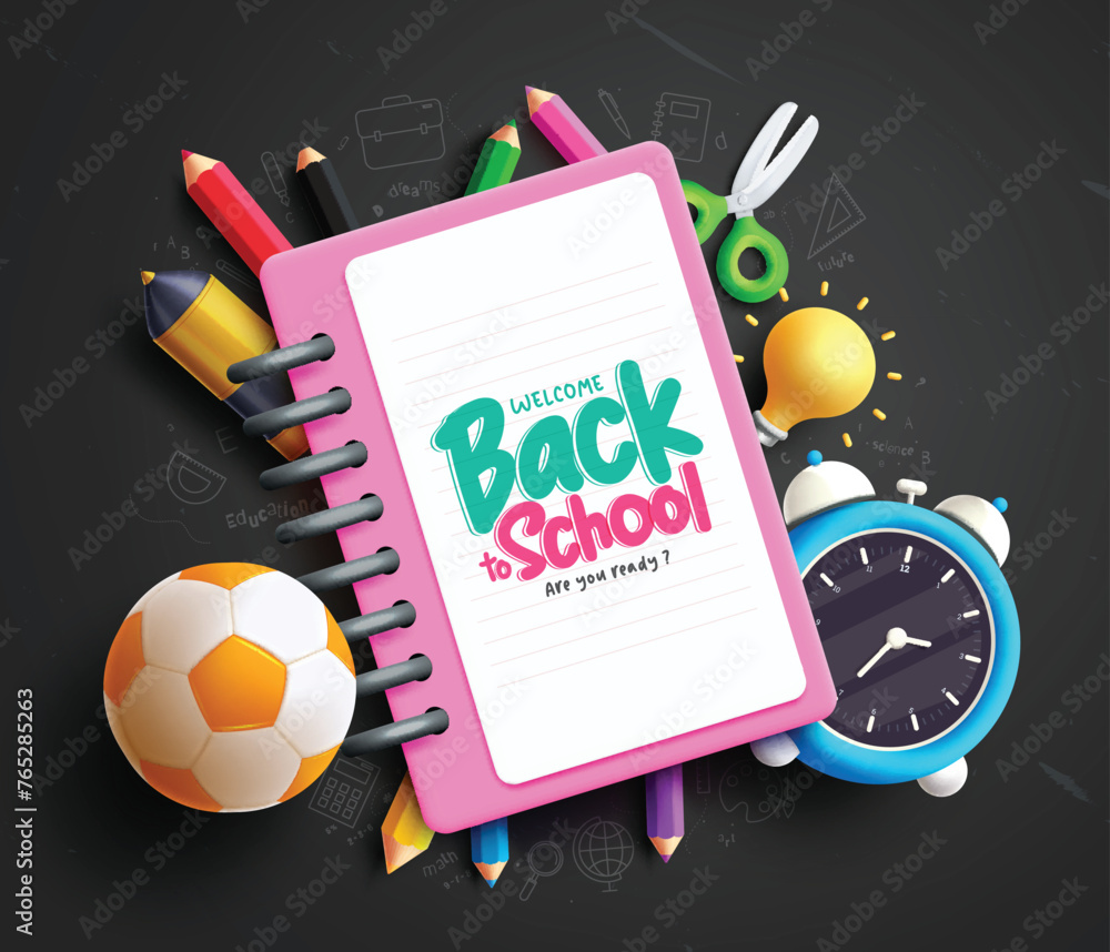 Poster back to school text vector template. welcome back to school greeting in notebook paper space for typ