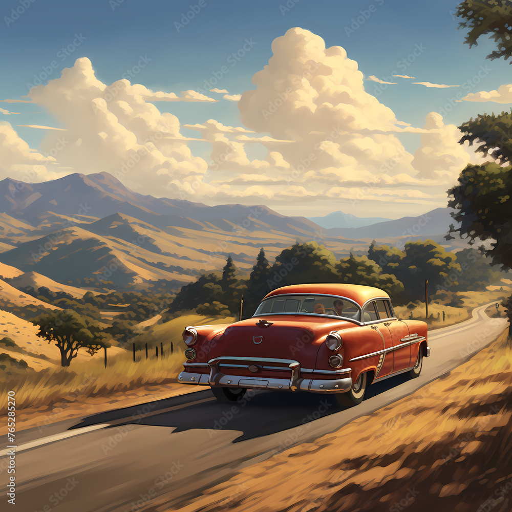 Sticker a classic car driving on an open road through a scenic background