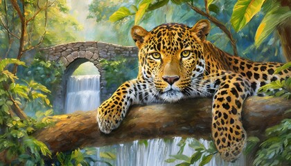 Impressionist painting of a jaguar with beautiful golden eyes, depicted relaxing on a tree - obrazy, fototapety, plakaty